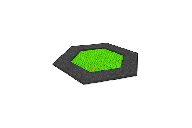 Trampoline with hexagonal jumping surface for public outdoor spaces