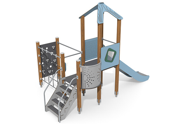3D rendering af Play tower - ECO double tower climbing wall blue