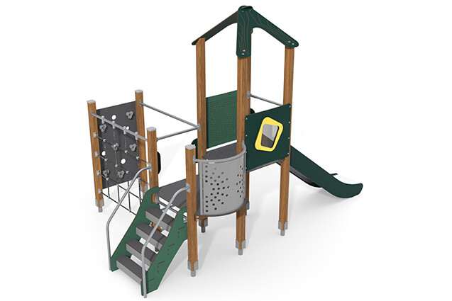 3D rendering af Play tower - ECO double tower climbing wall green