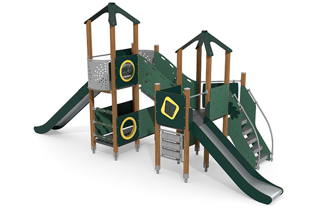 3D rendering af Play tower - ECO two towers with activity panels green