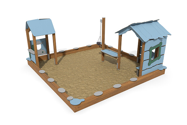 3D rendering af Sandbox - ECO sandbox environment two playhouses blue