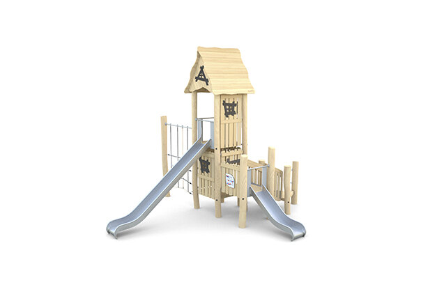 3D rendering af Play tower - robinia with two slides