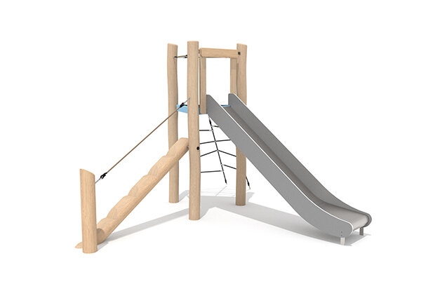 3D rendering af Play tower - Robinia Scandic triangular tower with slide and inclined balance beam