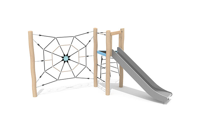3D rendering af Play tower - Robinia Scandic tower with slide and spider web climbing net