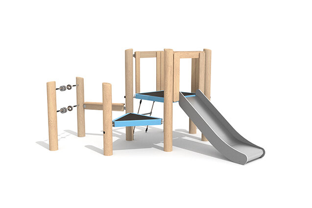 3D rendering af Play tower - Robinia Scandic double tower with slide and table