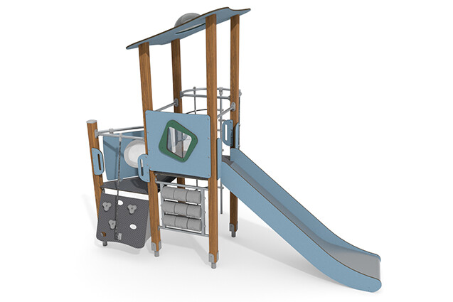 3D rendering af Play tower - ECO single tower platform rope tunnel blue