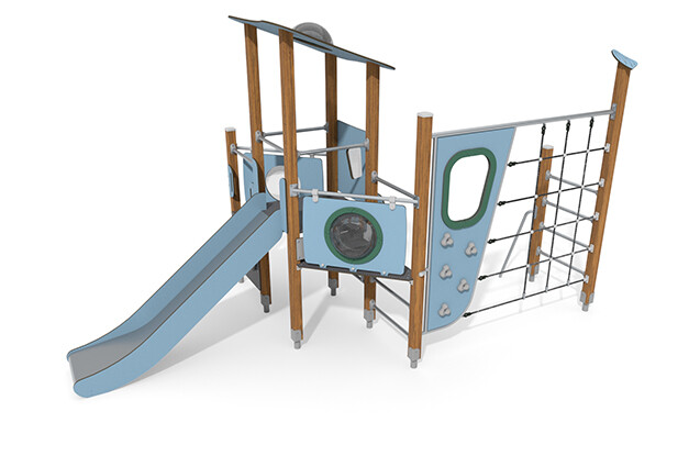 3D rendering af Play tower - ECO single tower climbing course blue