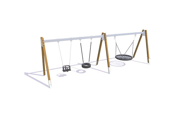 3D rendering af Swing set - bird's nest, tyre and baby A-frame larch and steel h 2.1m