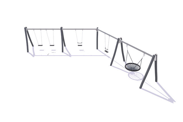 3D rendering af Swing set - angled robinia wood and steel 1 bird's nest, 2 classic and 2 classic with hanger h 2.1m