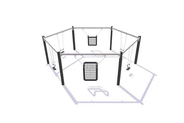 3D rendering af Swing set - hexagonal oak and steel 4 classic and two disabled swings h 2.4m