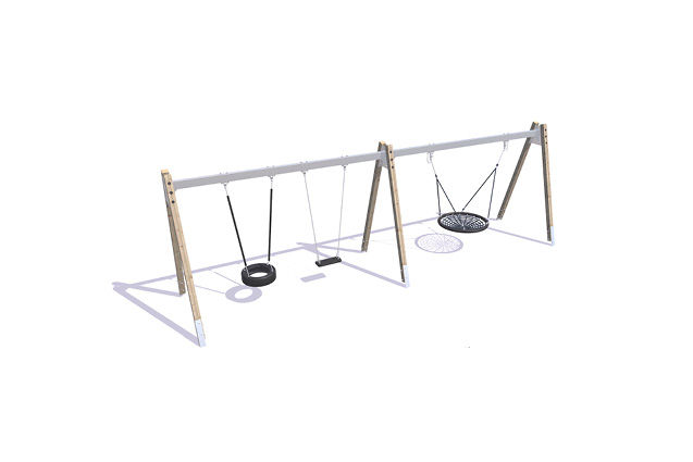3D rendering af Swing set - bird's nest, classic and tyre A-frame larch and steel h 2.1m