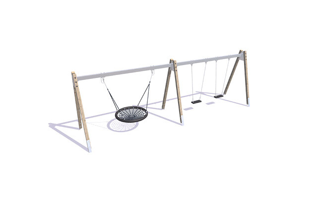 3D rendering af Swing set - bird's nest and two classic A-frame larch and steel h 2.1m