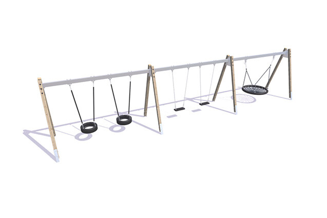 3D rendering af Swing set - bird's nest, two classic and two tyres A-frame larch and steel h 2.1m