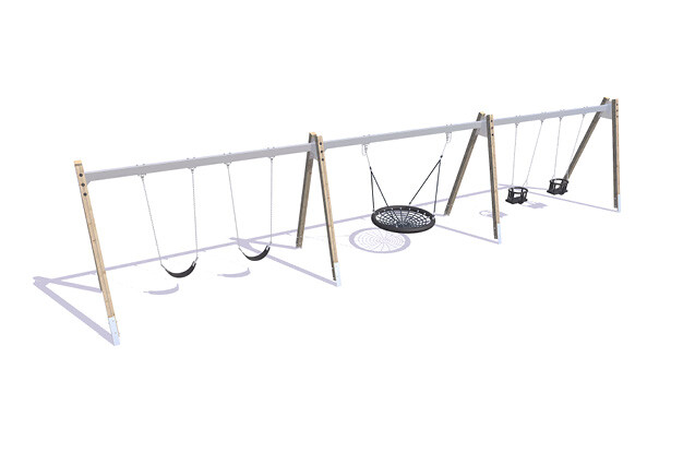 3D rendering af Swing set - bird's nest, two saddle swings and two baby A-frame swings in larch and steel h 2.1m