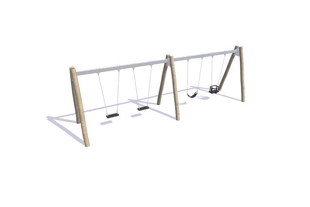 3D rendering af Swing set - two classic, saddle and baby A-frame robinia wood and steel h 2.1m