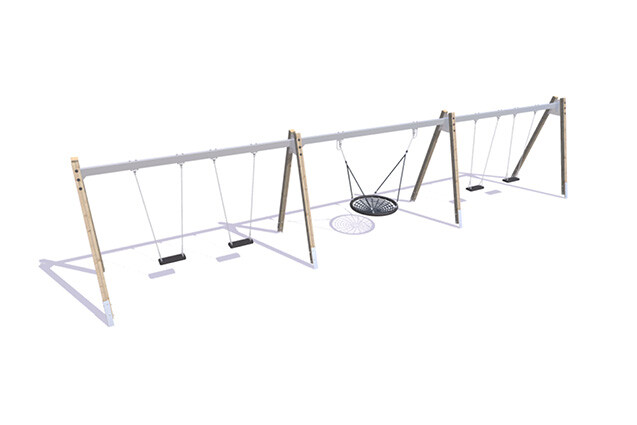 3D rendering af Swing set - four classic and bird’s nest A-frame larch and steel h 2.1m