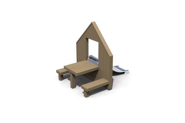 3D rendering af Playhouse - facade w slide, table and bench Olivia